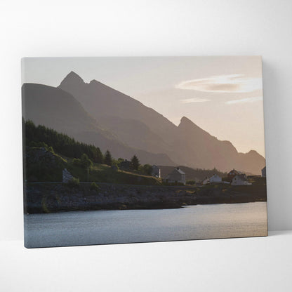 Mountain silhouette at sunset with soft pastel sky on canvas wall art.