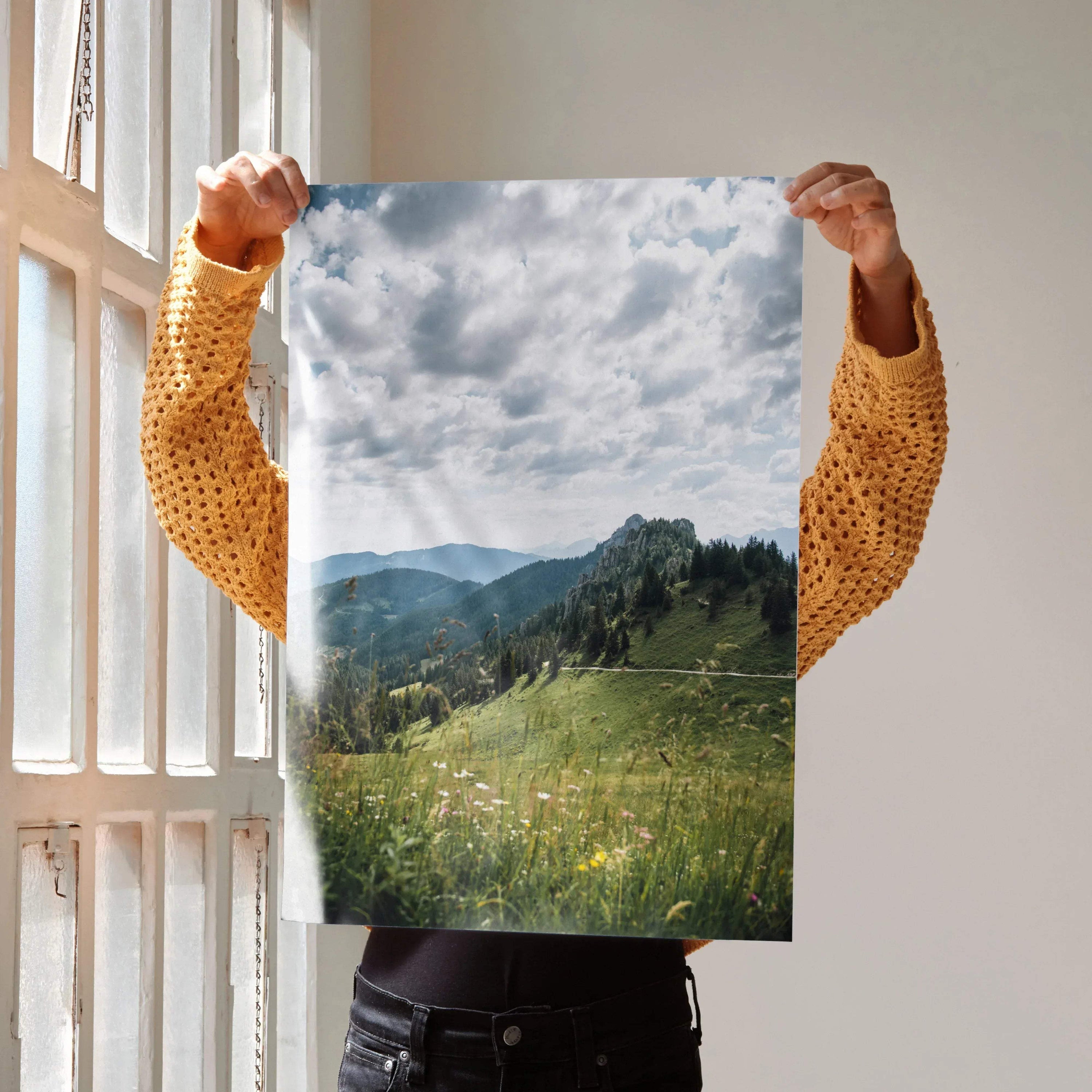 Vertical mountain landscape poster with lush green hills and cloudy sky wall art.