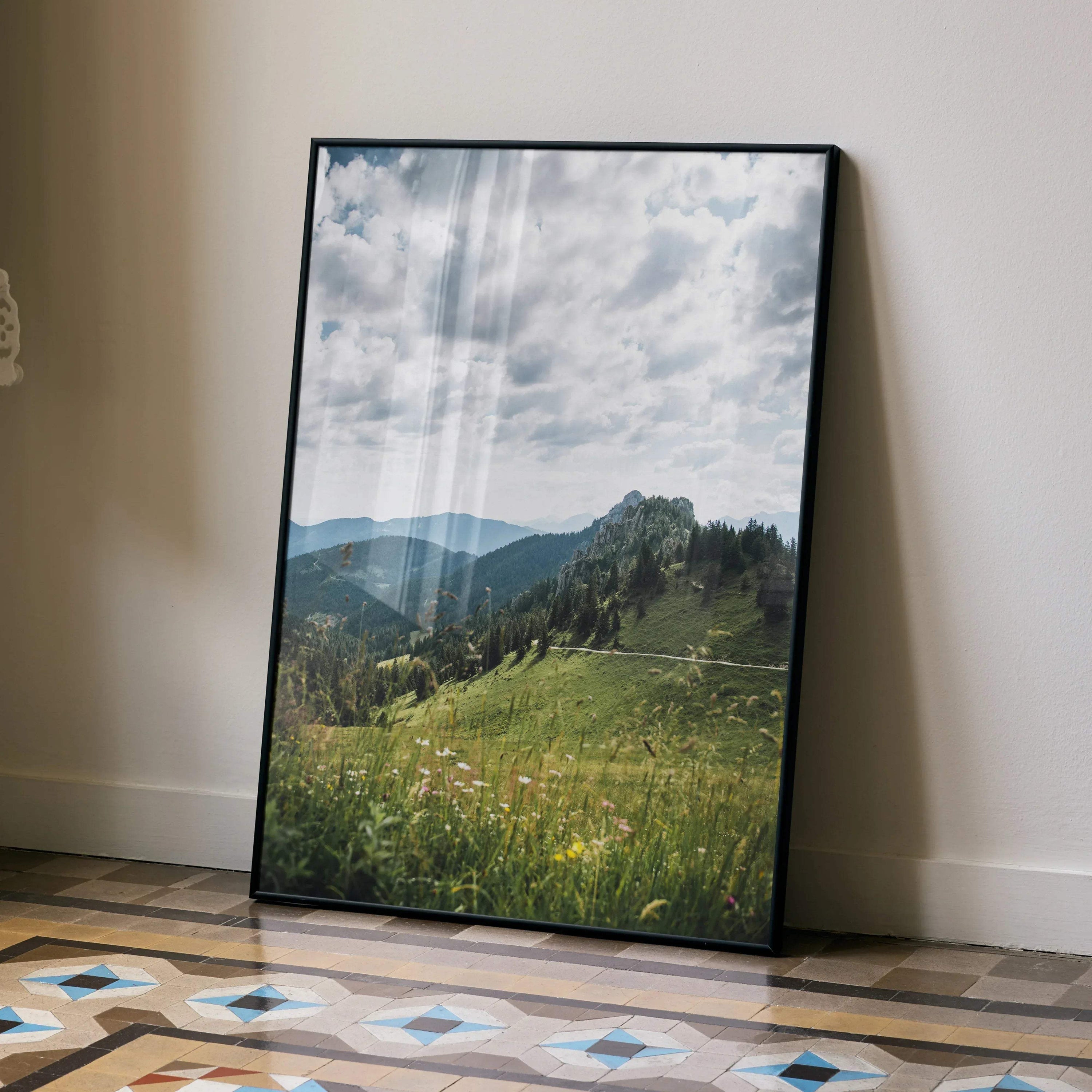 Majestic mountain landscape poster with green hills and cloudy sky vertical wall art.