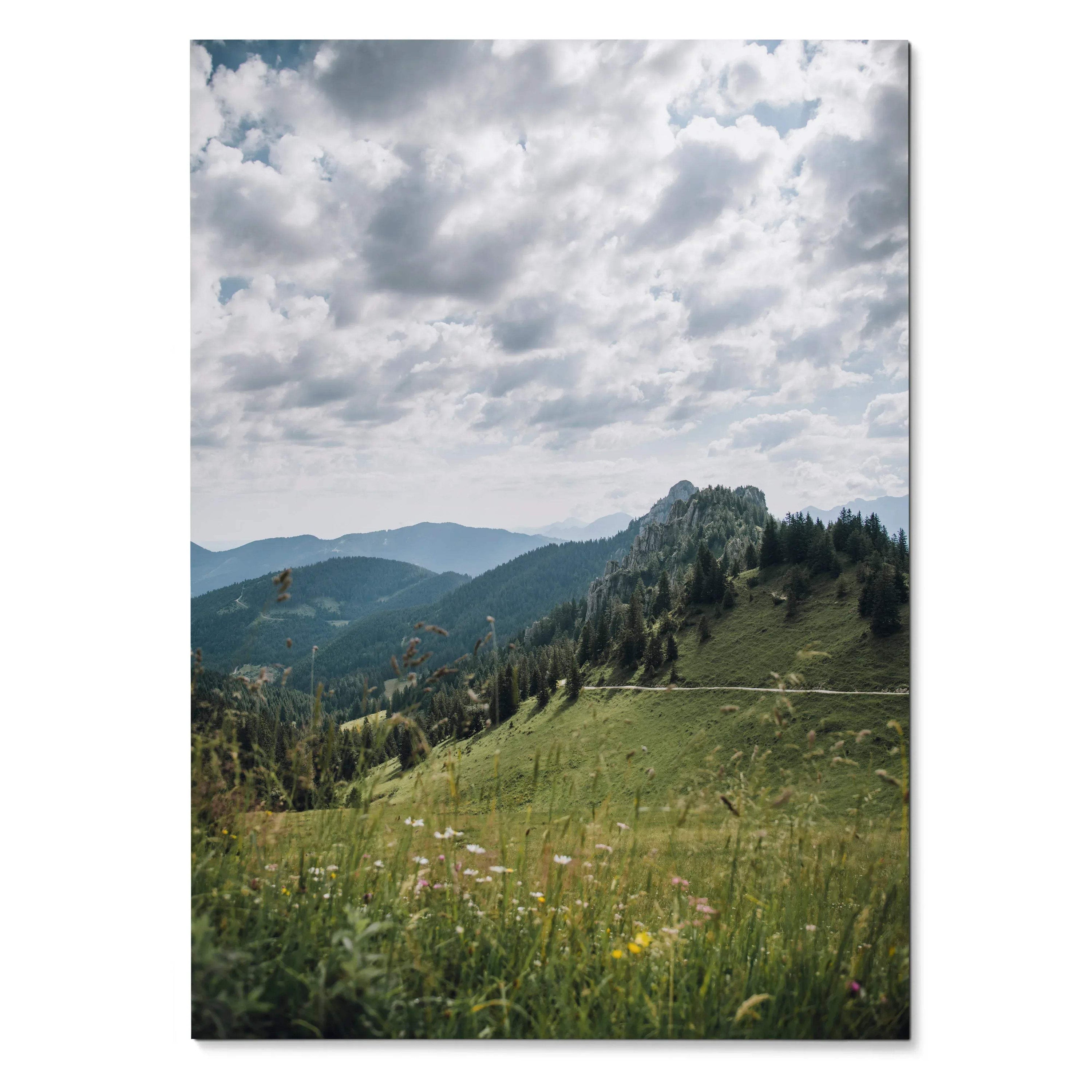 Vertical poster of green mountain landscape under dramatic cloudy sky wall art.