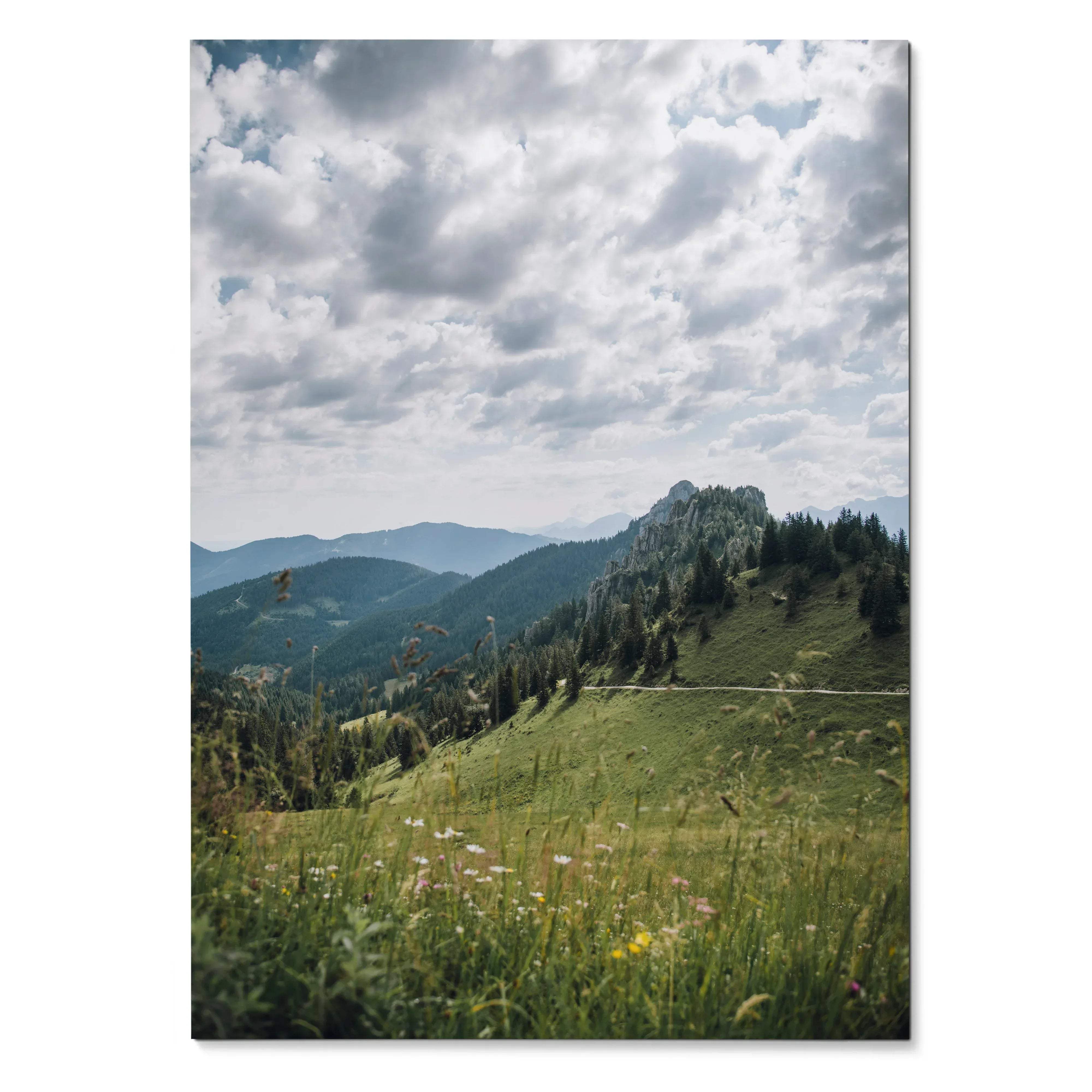 Vertical poster of green mountain landscape under dramatic cloudy sky wall art.