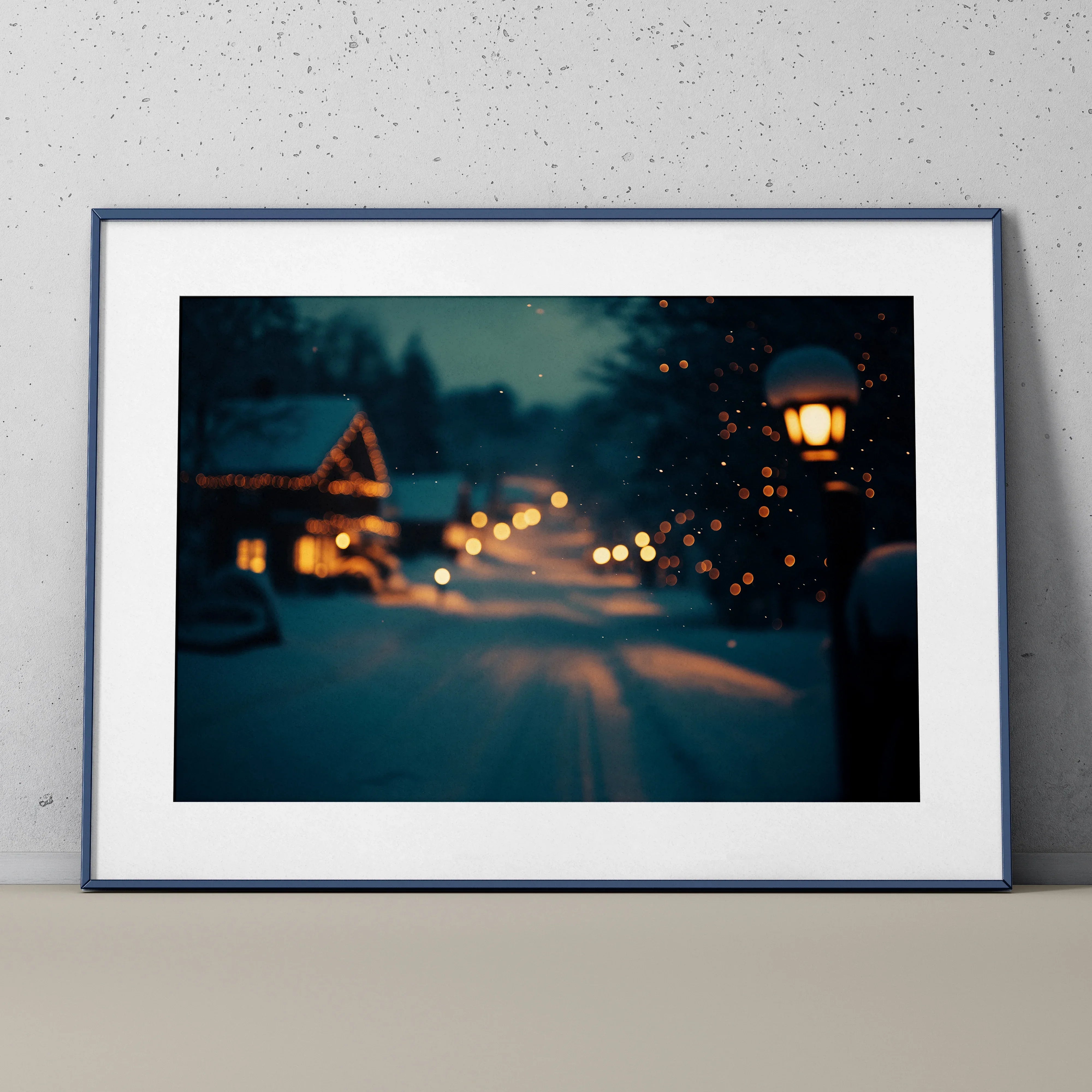 Serene snowy landscape poster with glowing lamps and twinkling string lights, digital wall art.