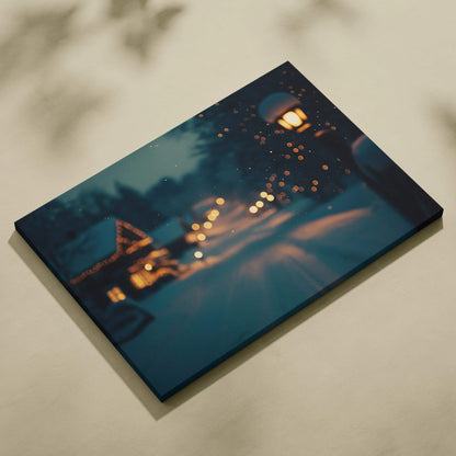 Snowy village street scene with glowing lanterns at dusk on canvas wall art print.
