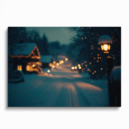 Serene snowy landscape poster with warm glowing lights and soft focus winter night wall art.