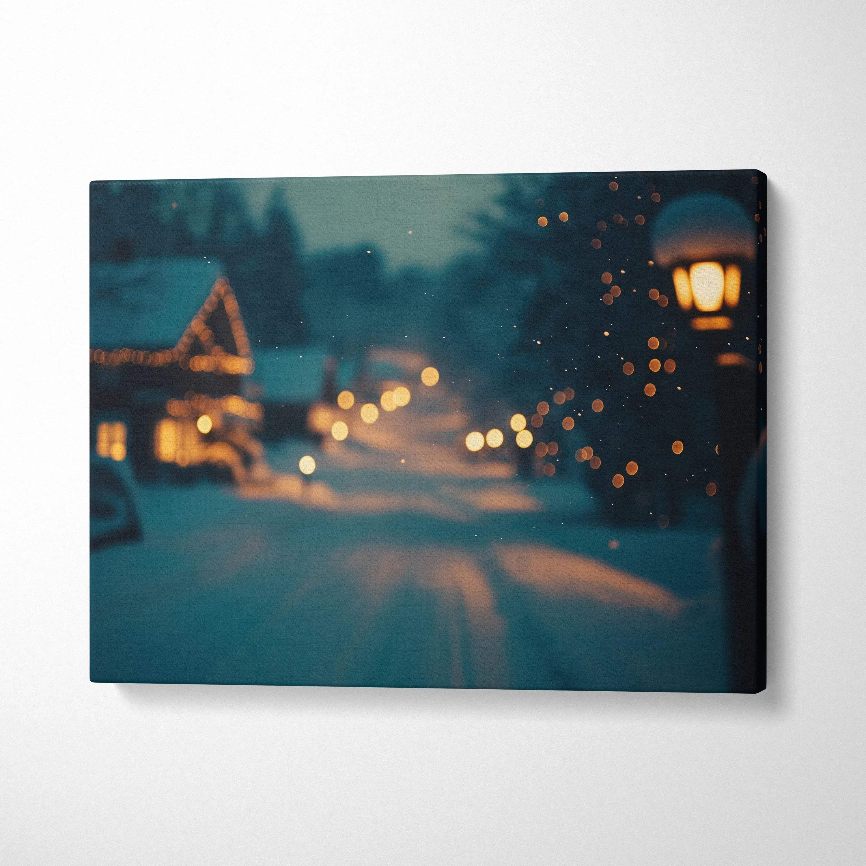 Serene snowy village scene with glowing lights on canvas wall art print.