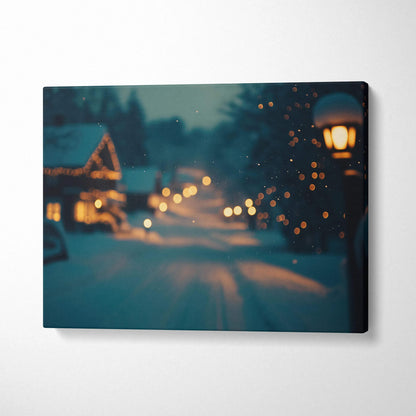 Serene snowy village scene with glowing lights on canvas wall art print.