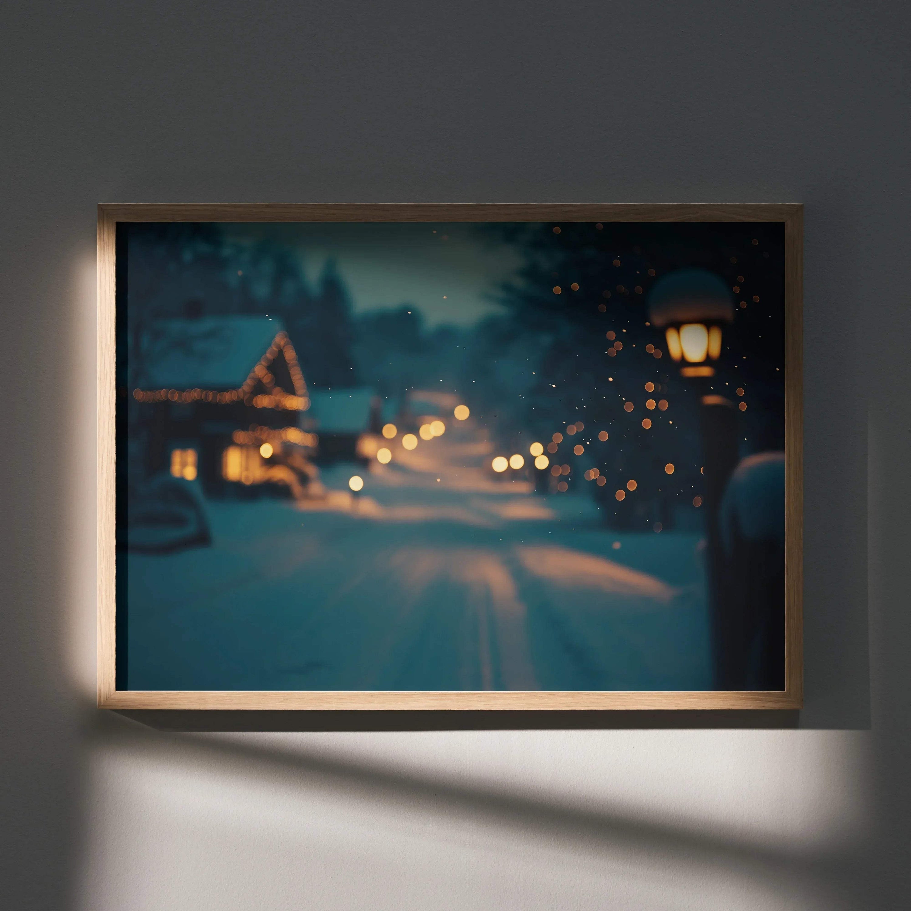 Serene snowy landscape poster with glowing lights and dark evening sky wall art.