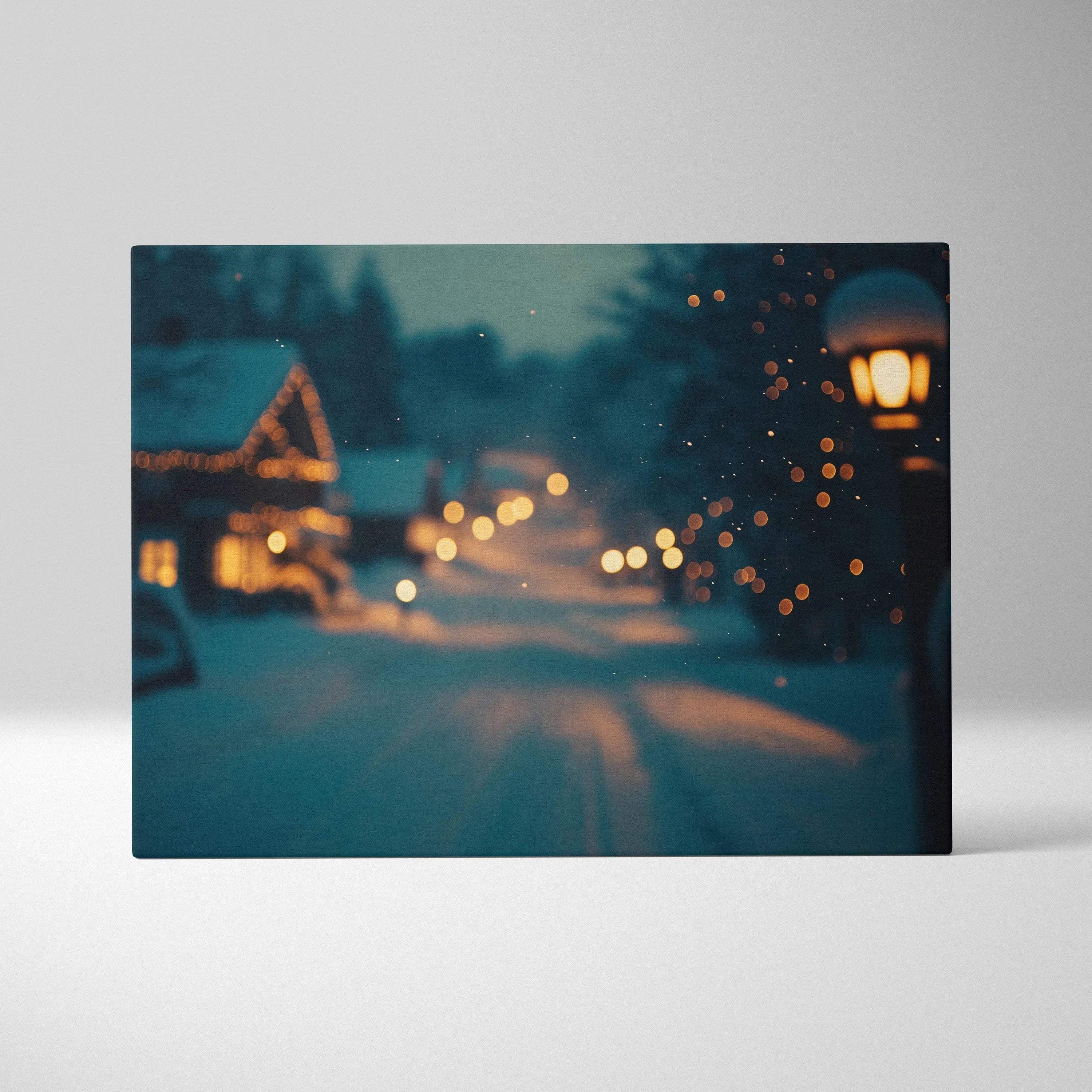 Canvas wall art featuring a snowy village scene with warm glowing lights at dusk.