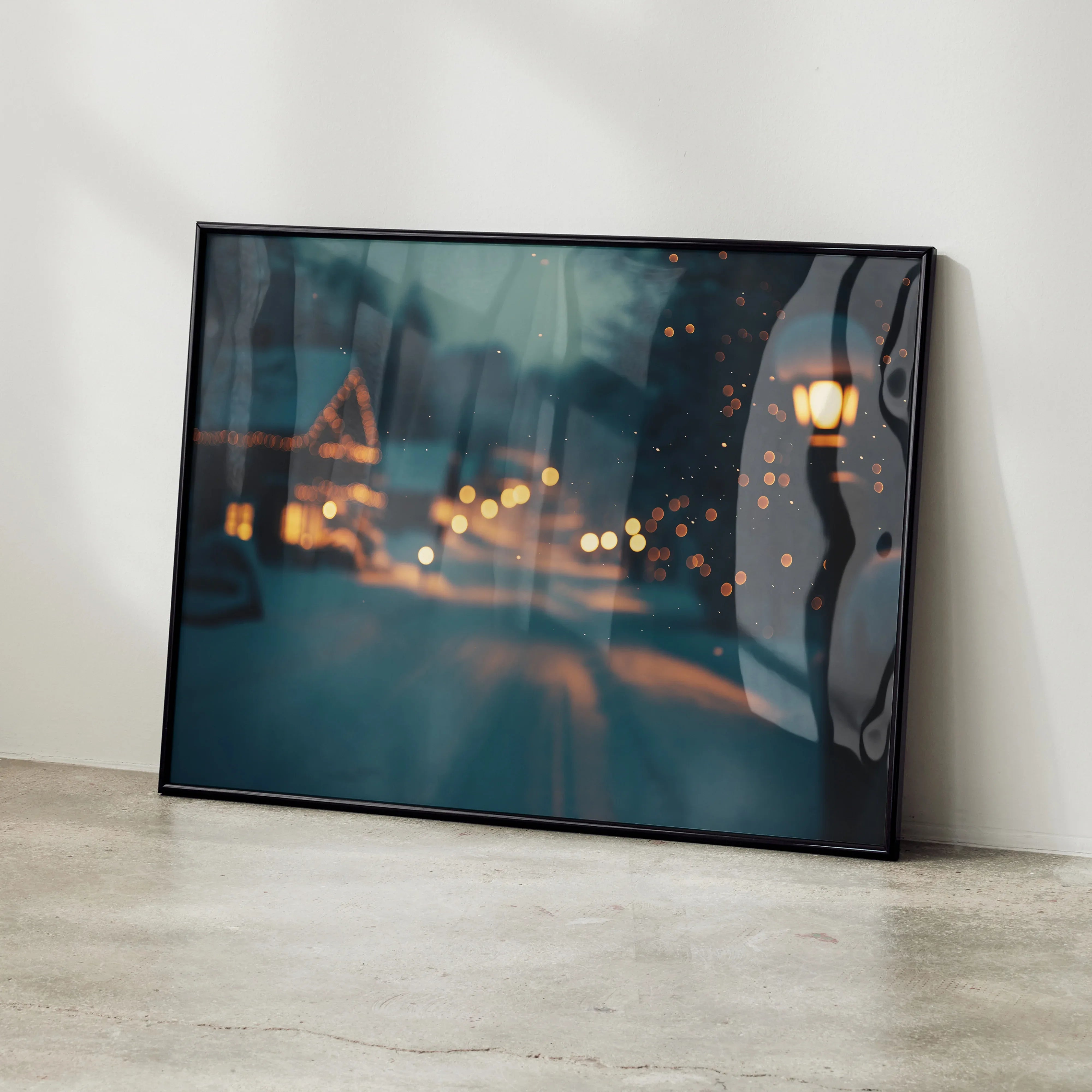 Serene snowy landscape digital art poster with glowing street lamps and blurred winter village scene, framed wall art.