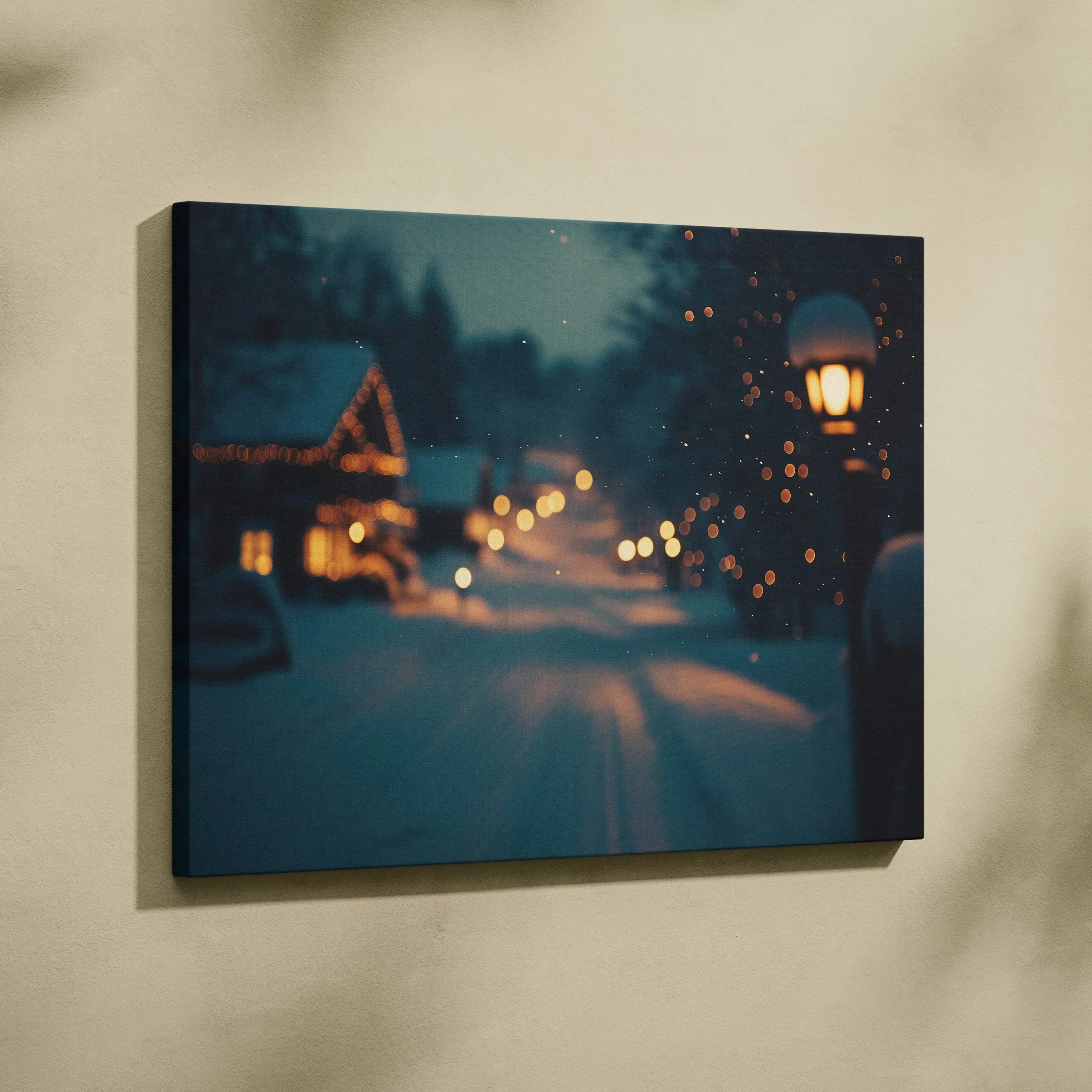 Canvas wall art featuring a serene snowy landscape with soft glowing lights and a lamppost at dusk.