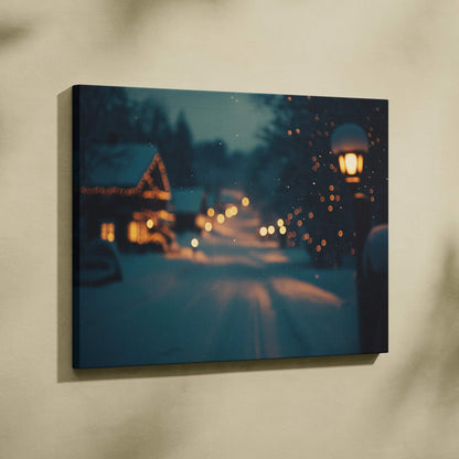 Canvas wall art featuring a serene snowy landscape with soft glowing lights and a lamppost at dusk.