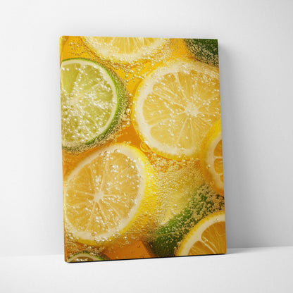 Canvas wall art featuring vibrant citrus slices submerged in sparkling liquid.