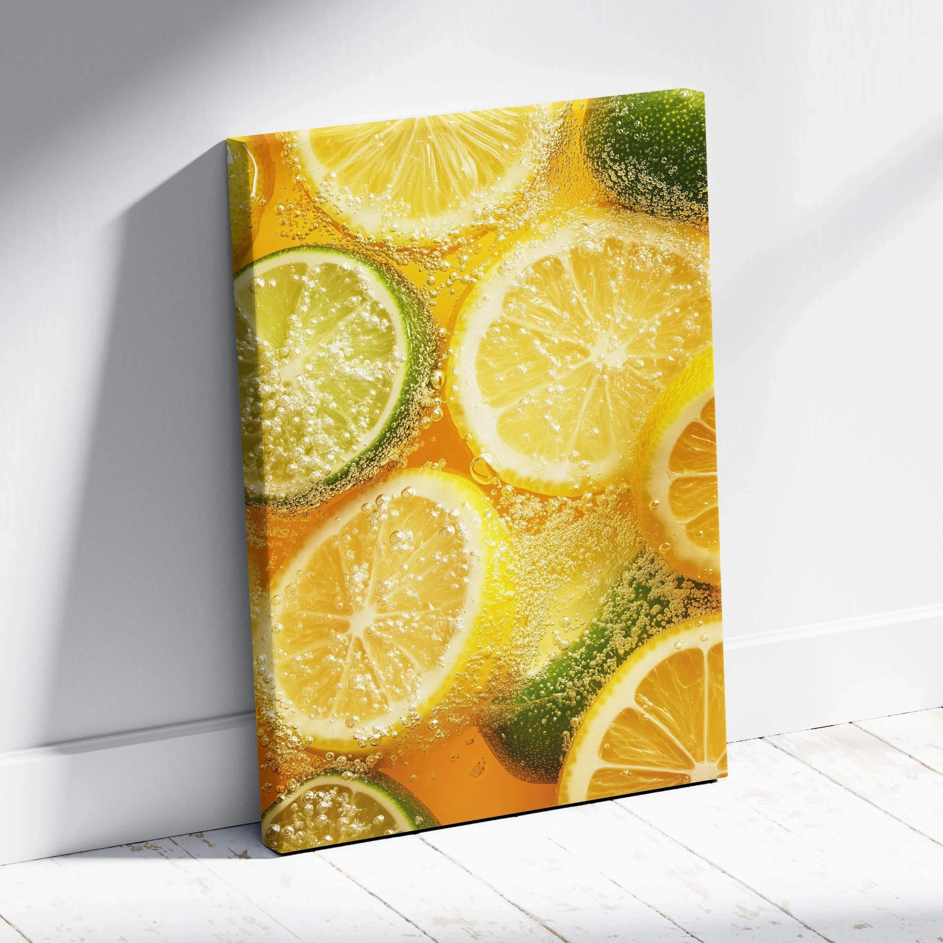 Colorful citrus fruit slices on vibrant food canvas wall art with water droplets detail.