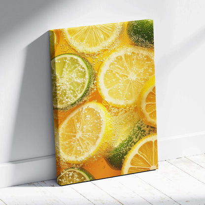 Colorful citrus fruit slices on vibrant food canvas wall art with water droplets detail.