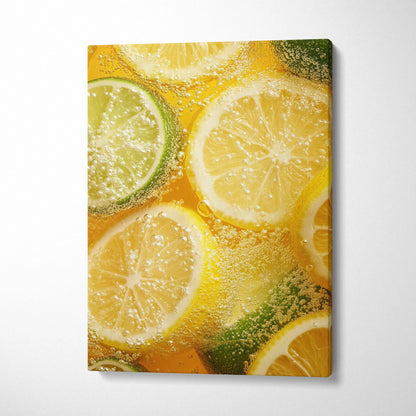 Vibrant citrus slices submerged in sparkling bubbles on canvas wall art print.
