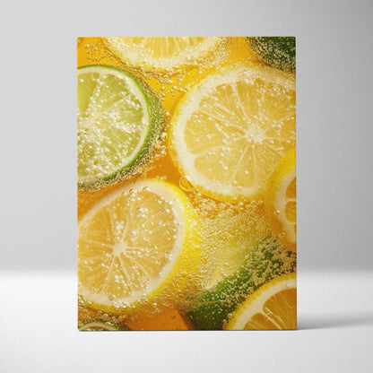 Vibrant canvas wall art featuring close-up of lemon and lime slices in sparkling water.