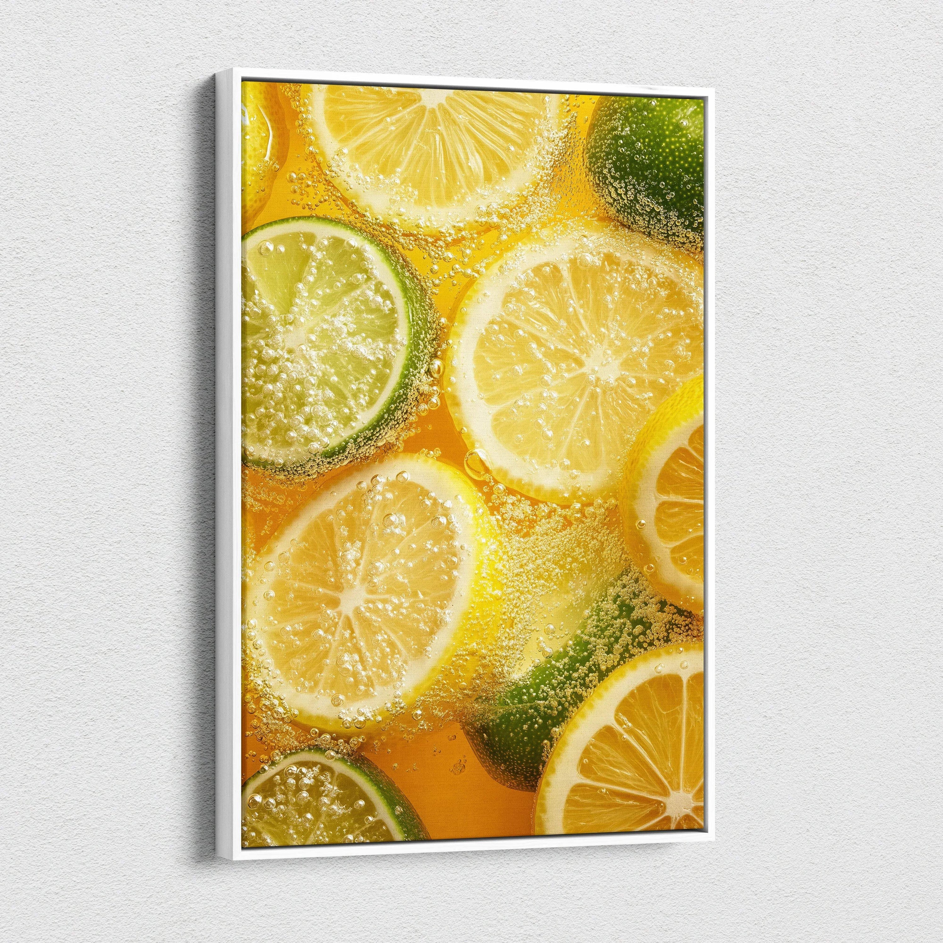 Canvas wall art featuring vibrant digital art of lemon and lime slices in sparkling water.