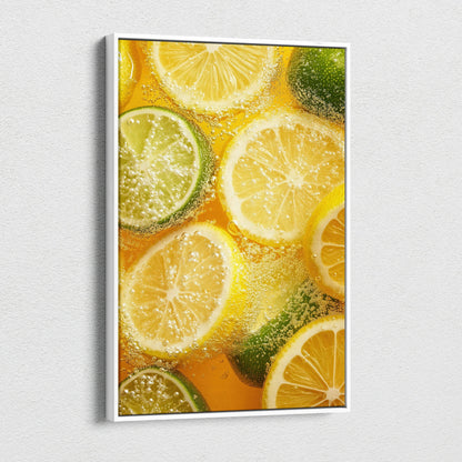 Canvas wall art featuring vibrant digital art of lemon and lime slices in sparkling water.