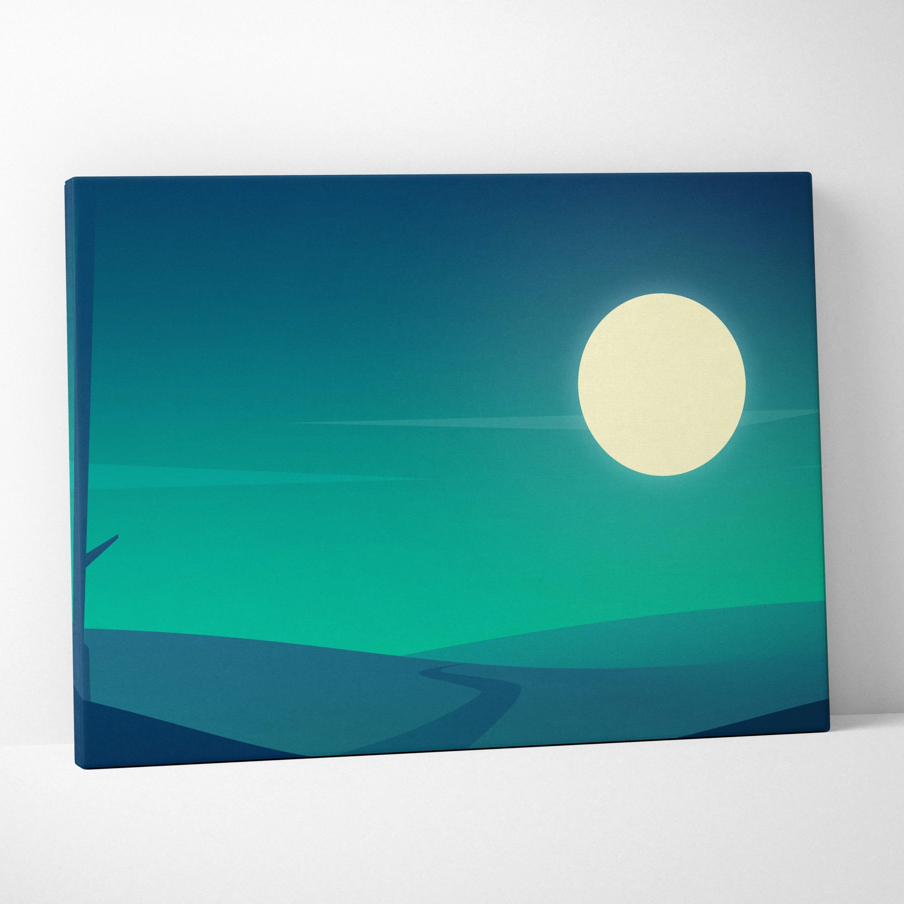 Minimal moonlit landscape canvas wall art in teal and navy with pale moon