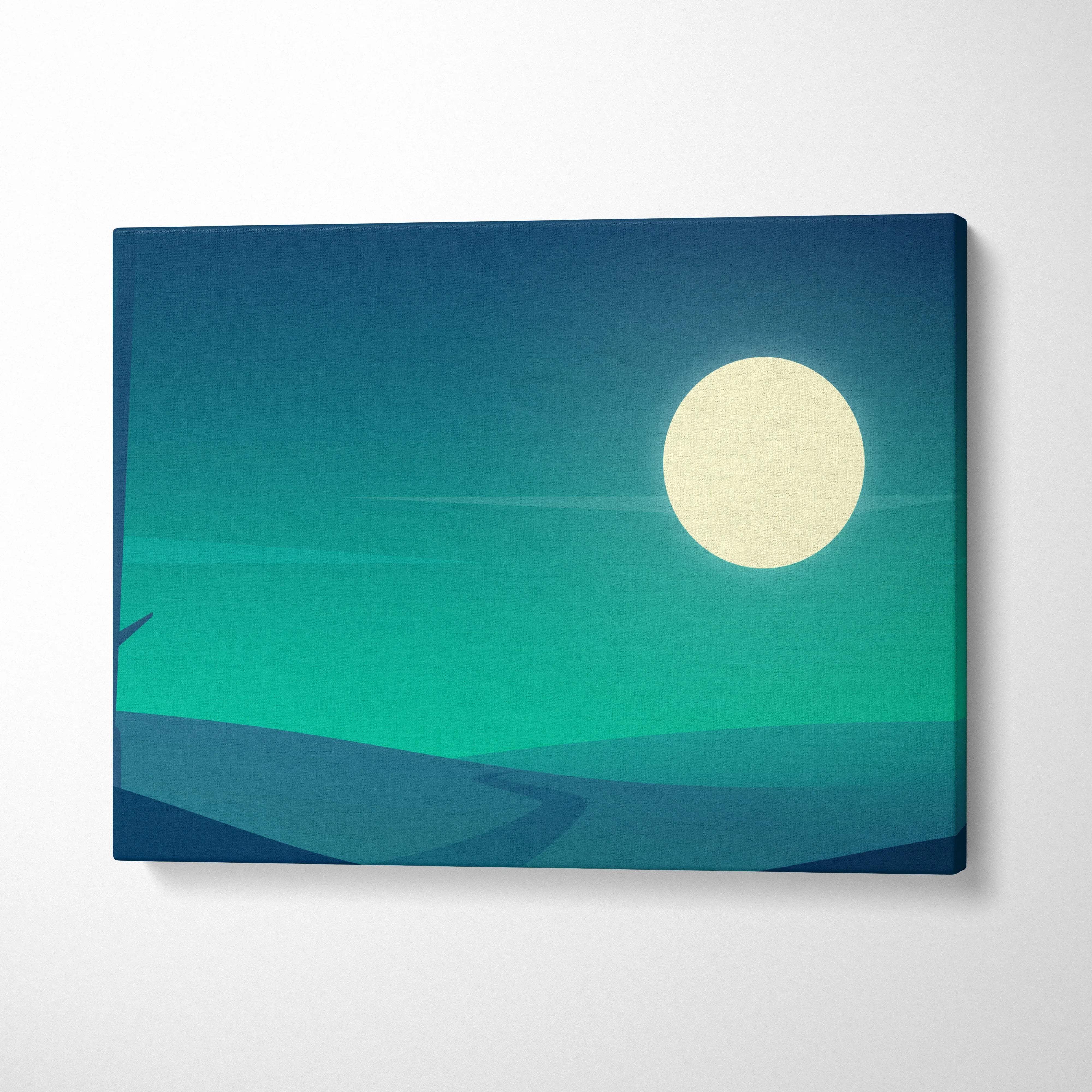 Minimal moonlit landscape canvas wall art in teal navy with pale moon
