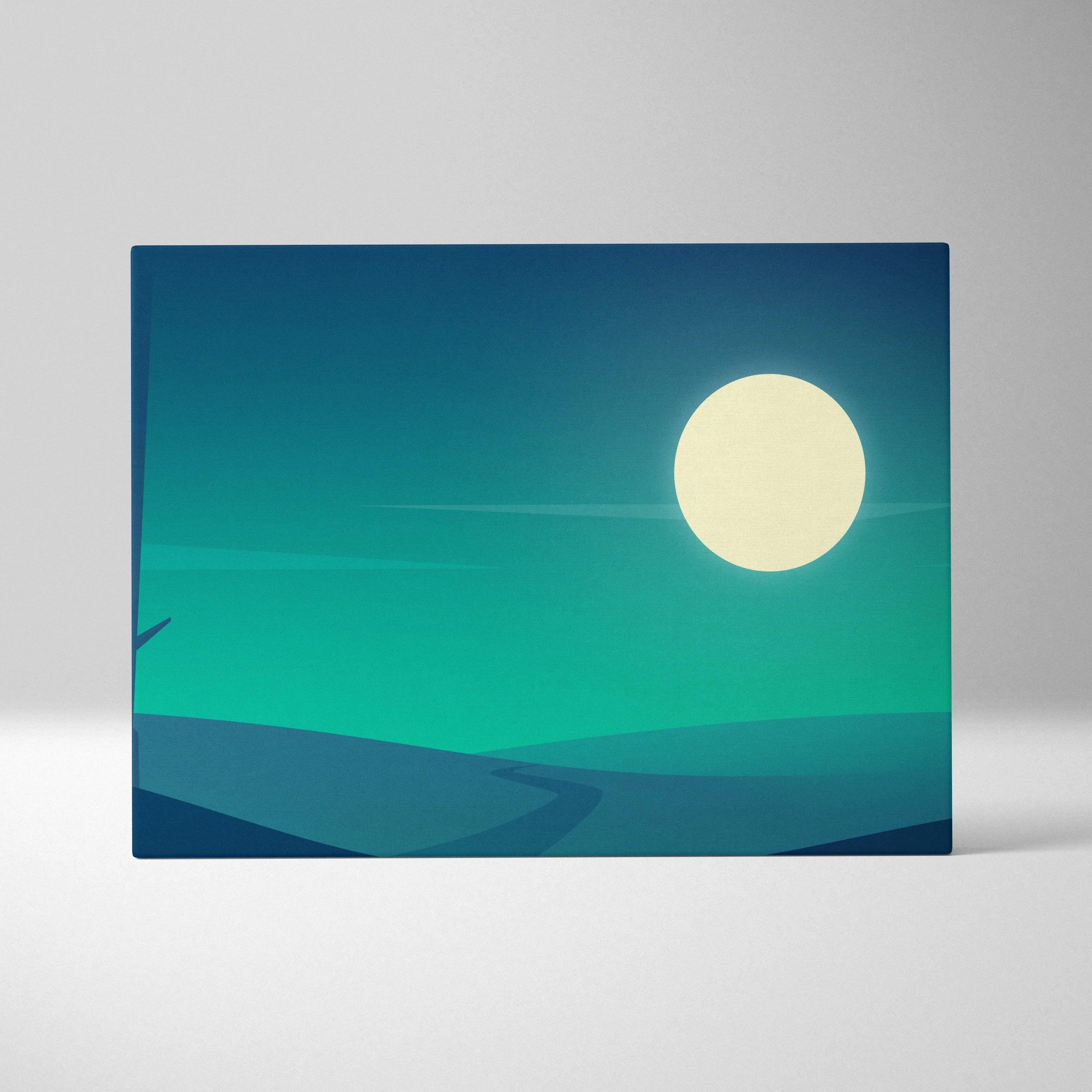 Minimal moonlit landscape canvas wall art in teal and navy with pale moon