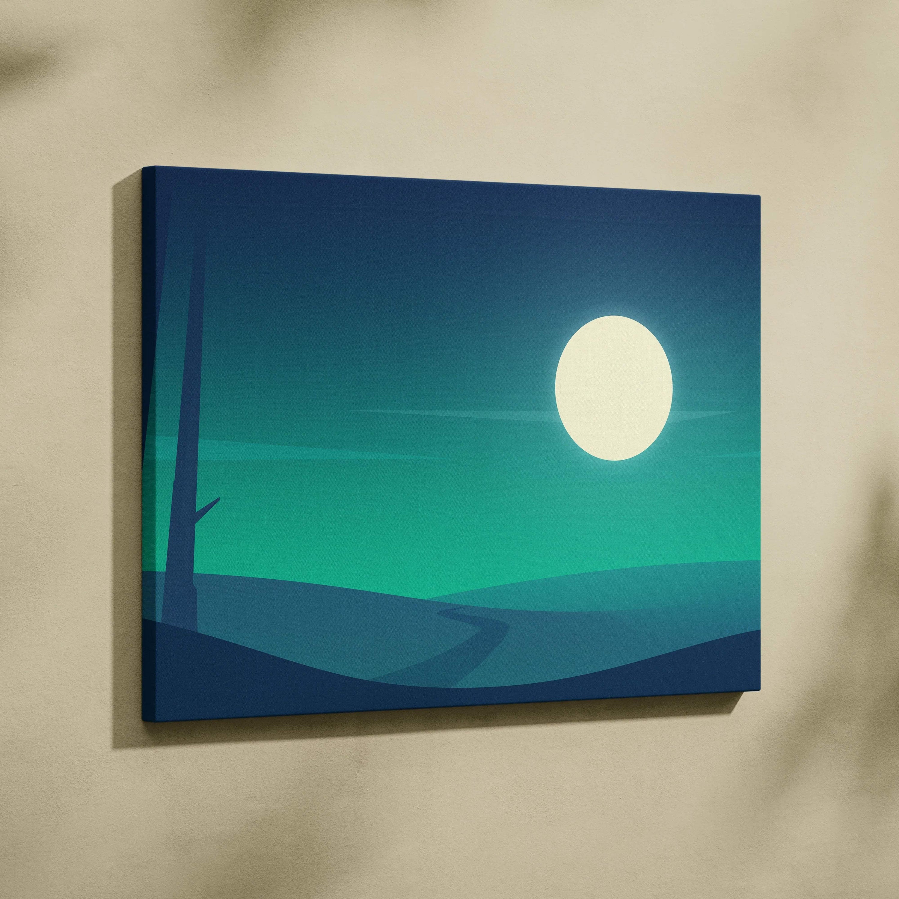 Minimal moonlit landscape canvas wall art in teal and navy with pale moon