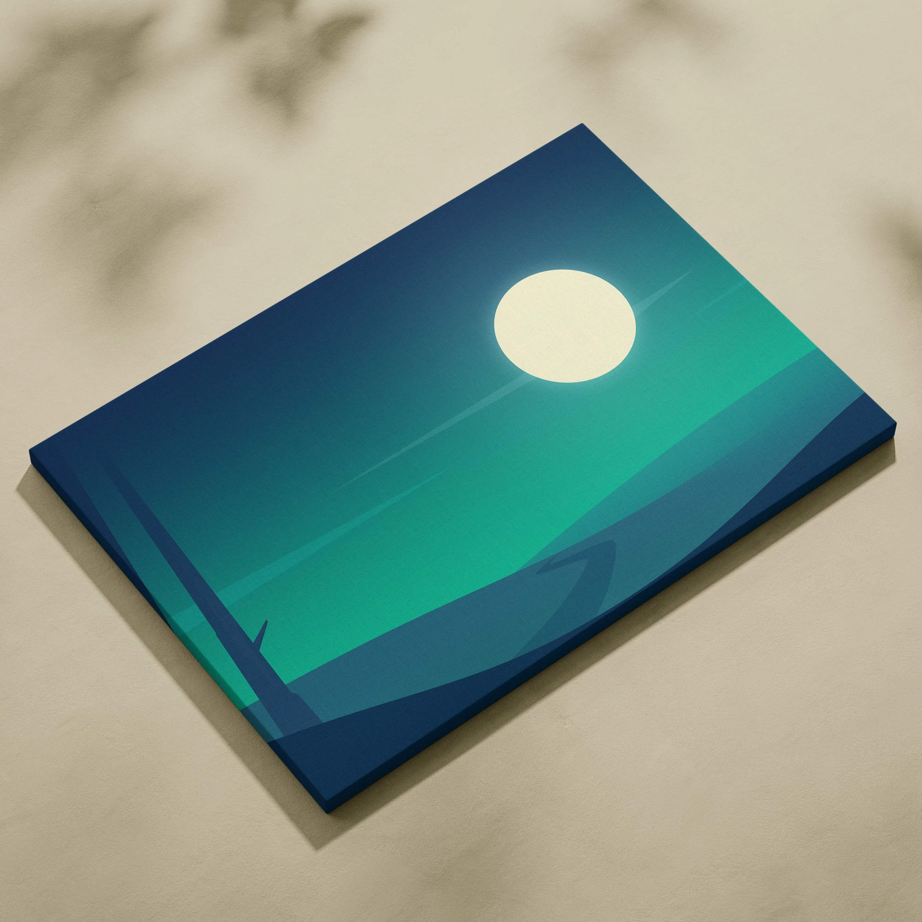 Minimal moonlit landscape canvas wall art in teal navy with pale moon
