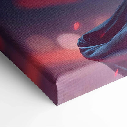 Futuristic cyberpunk samurai with glowing red katana on dark blue canvas print