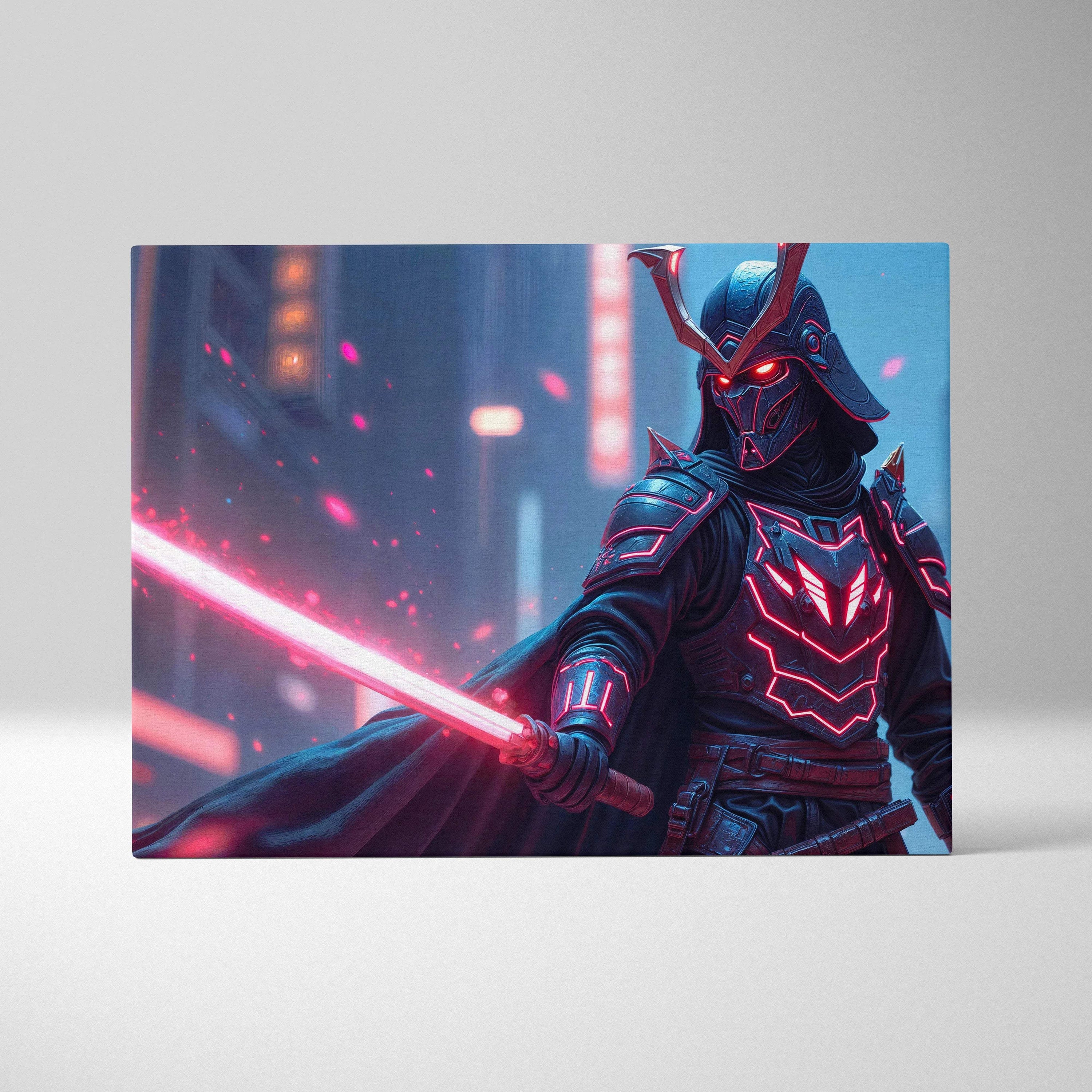Futuristic cyberpunk samurai with glowing red katana neon armor canvas art