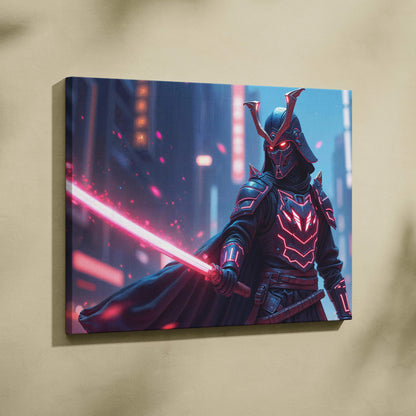 Futuristic cyberpunk samurai with glowing red katana neon armor canvas art