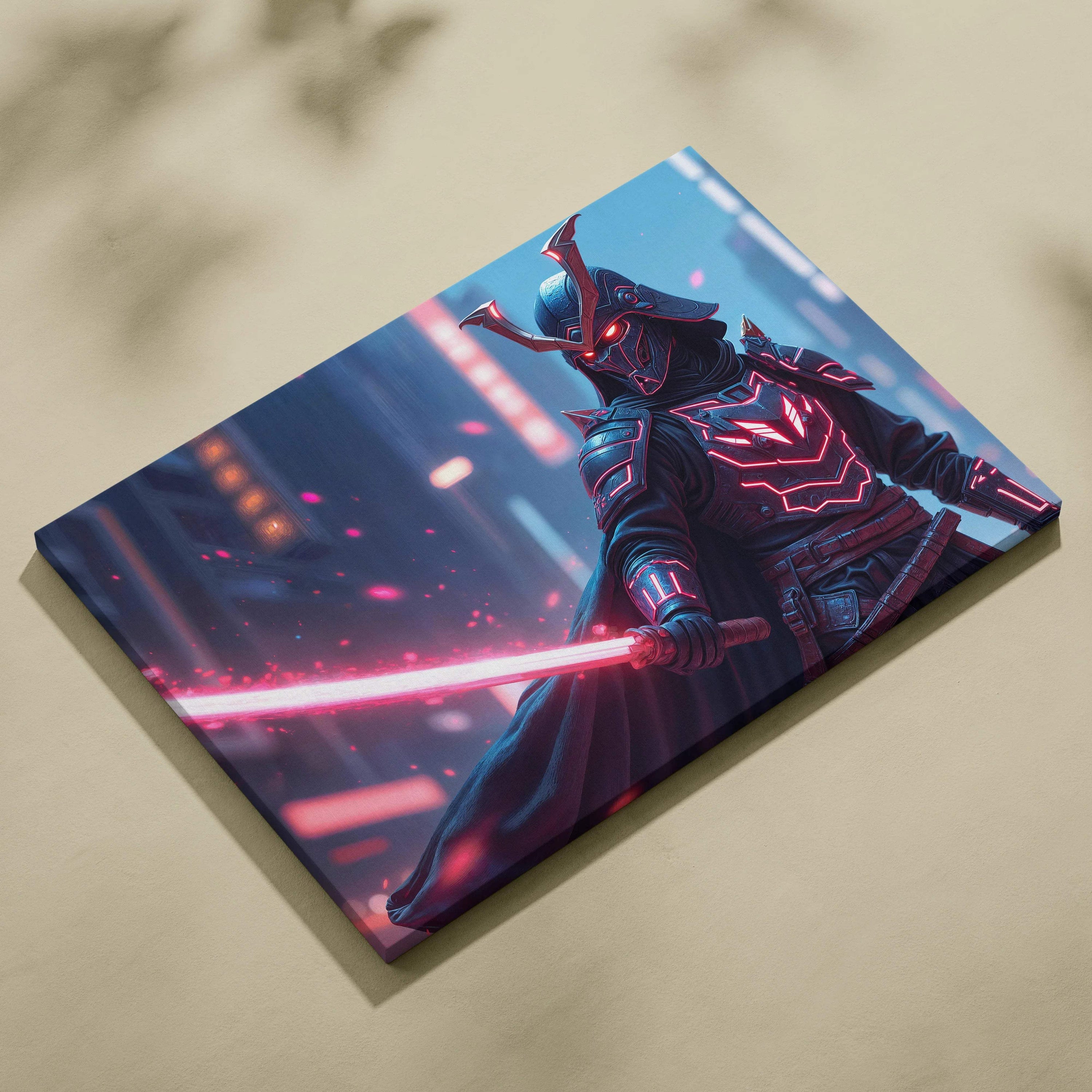 Futuristic cyberpunk samurai with glowing red katana neon armor canvas art