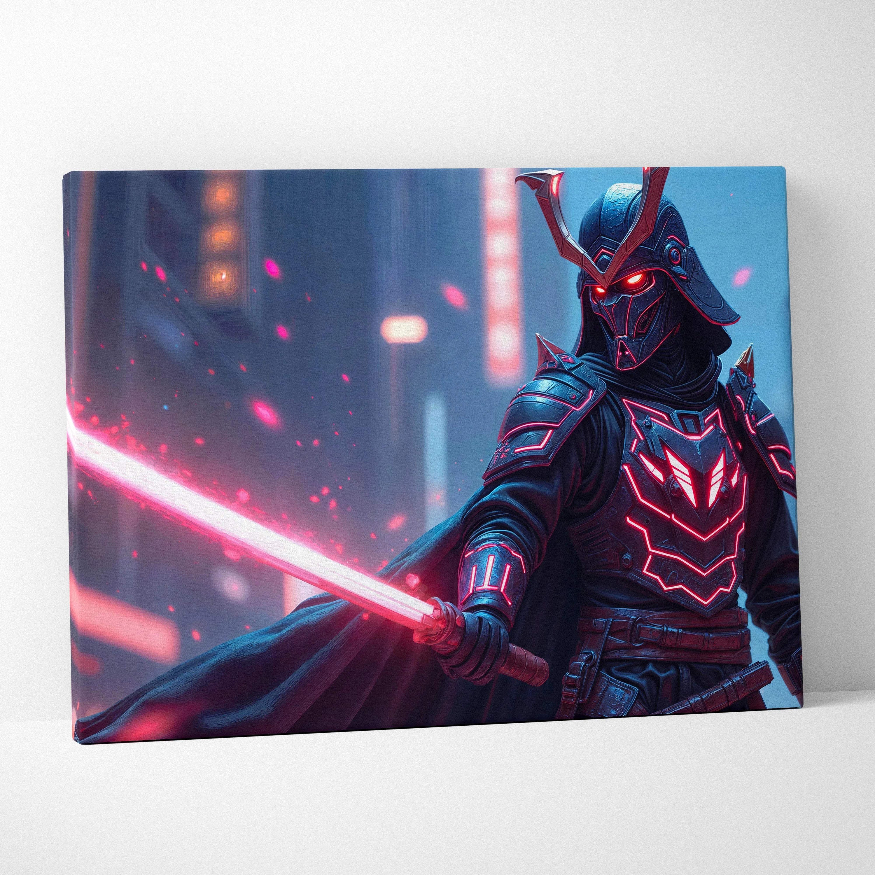 Futuristic cyberpunk samurai with glowing red katana neon armor canvas art