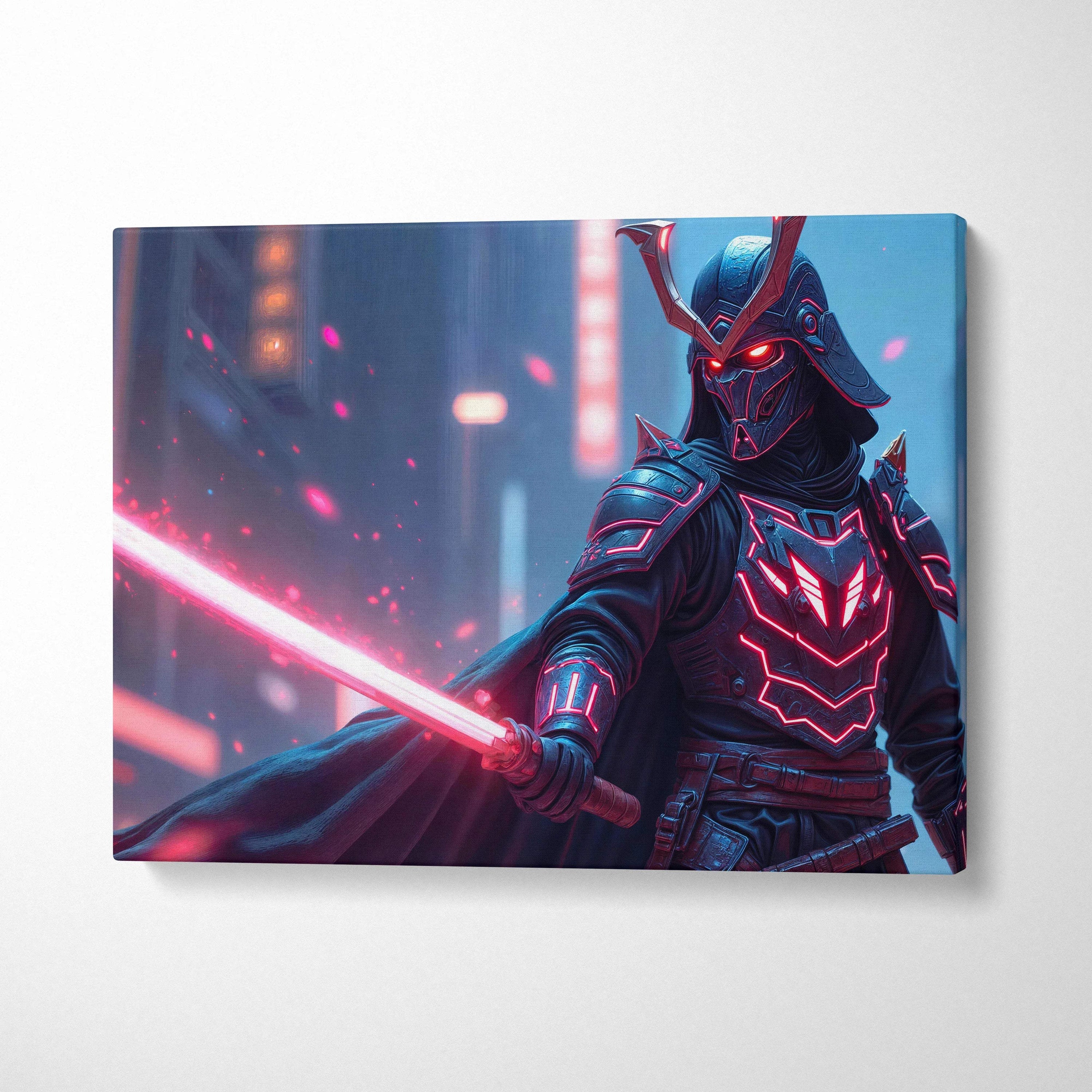 Futuristic cyberpunk samurai with glowing red katana neon armor canvas art