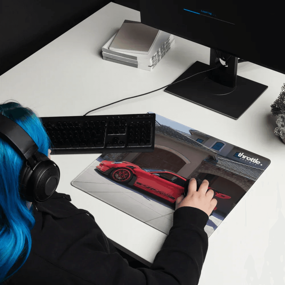 Rectangular gaming mouse pad with red porsche 911 gt3 rs graphic and throttle branding for large and xl use