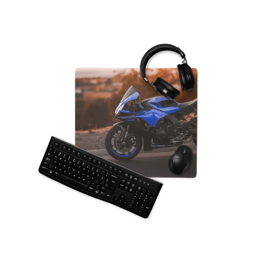 Blue sport motorcycle printed on yamaha r1 gaming mouse pad large xl extended with keyboard and headphones nearby