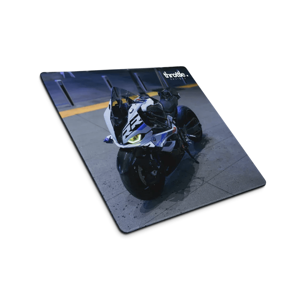 Bmw inspired s1000rr gaming mouse pad large xl extended with sleek white and blue sport motorcycle and glowing yellow headlights