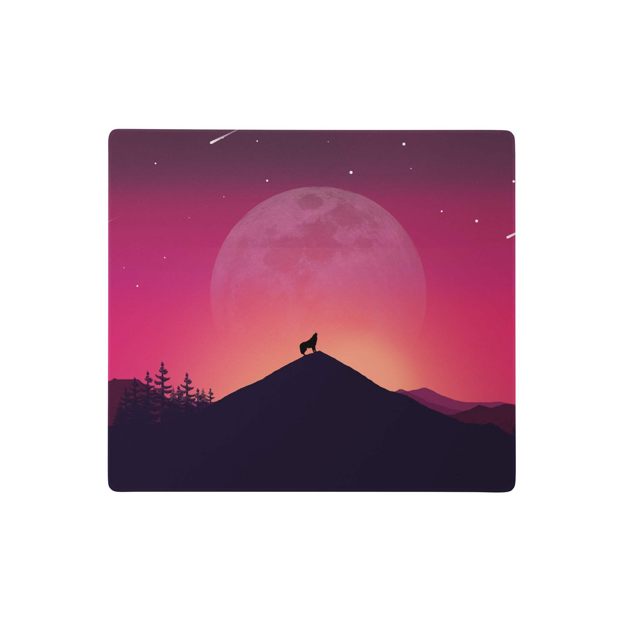 Lunar wolf sunset extended mouse pad with a stylized wolf silhouette on a purple pink moonlit mountain scene
