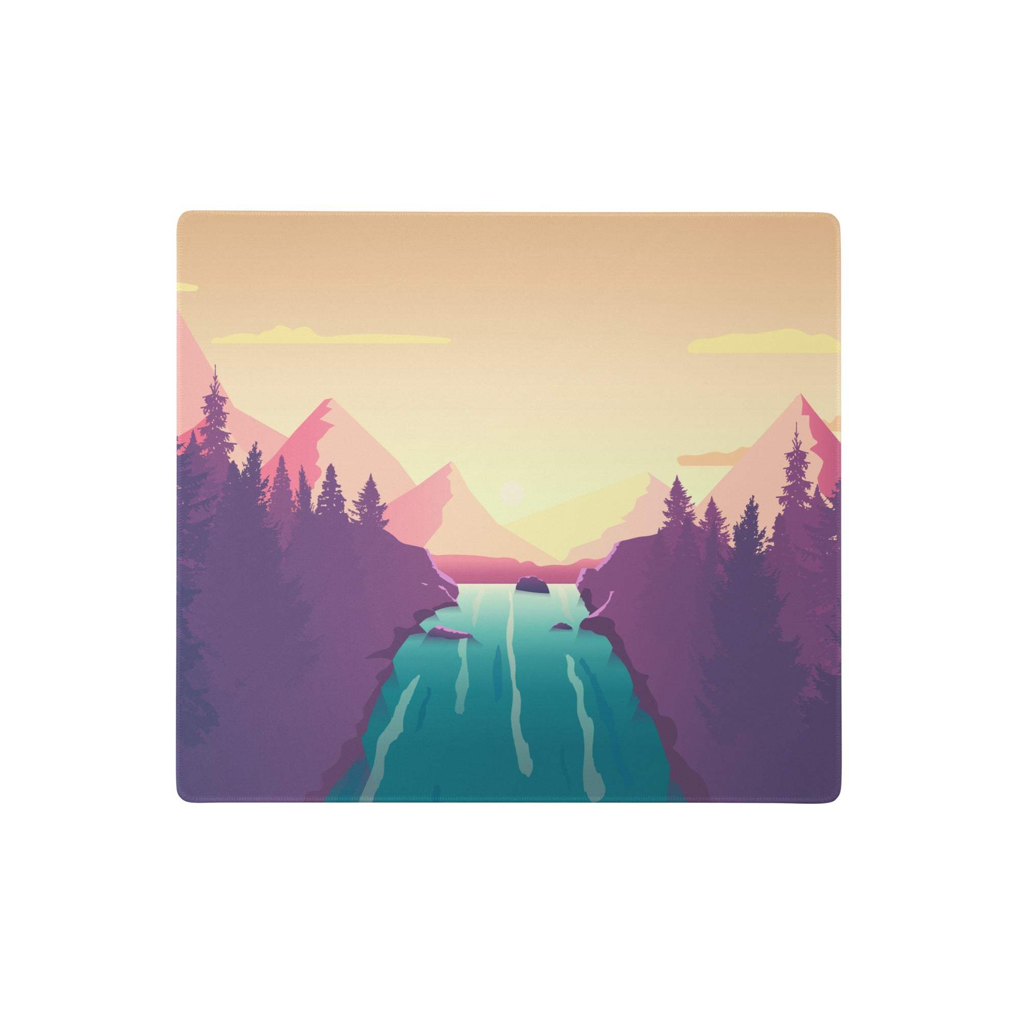 Pastel sunset mountain desk pad with square coaster featuring stylized mountain valley in pink teal and purple colors
