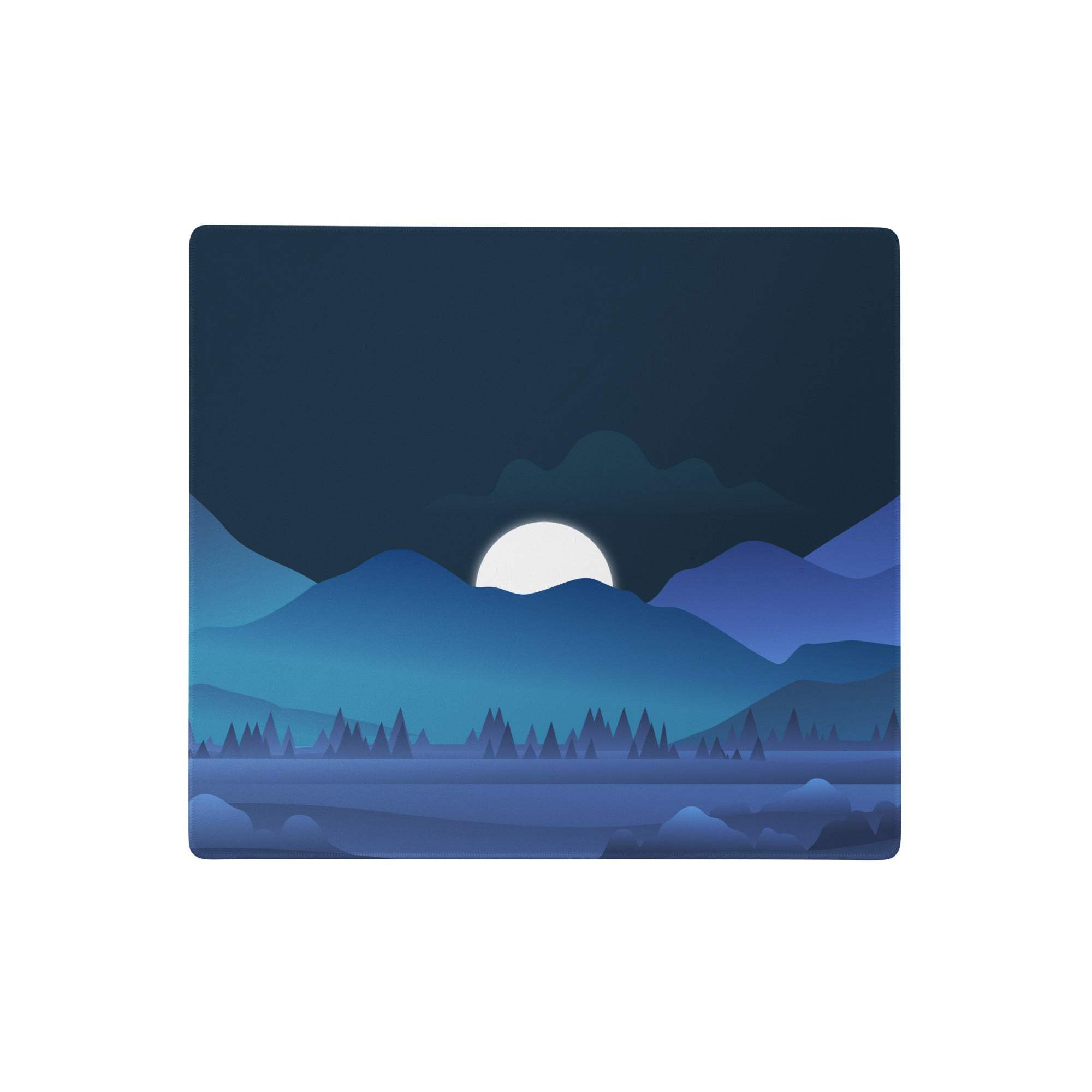 Blue night mountain landscape mouse pad with blue-toned stylized full moon and layered peaks for gaming use