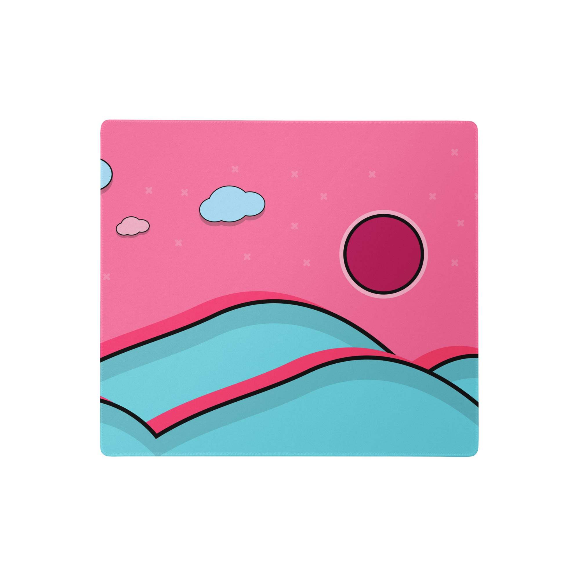 Pink cloud rainbow mouse pad featuring a pink square coaster with a cartoon landscape and pastel clouds design