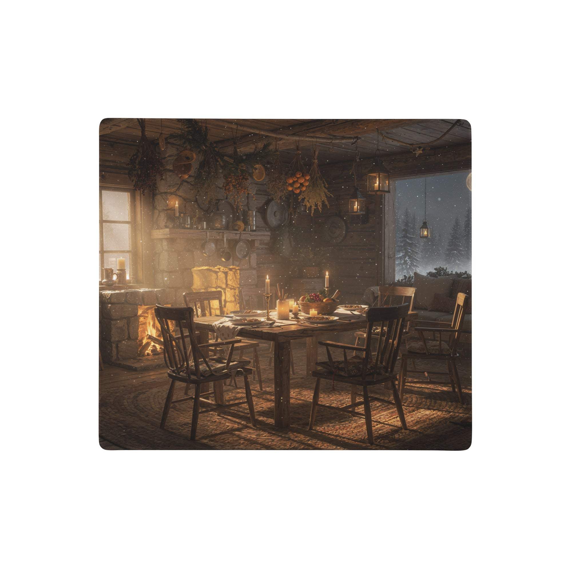 Winter rustic gaming mouse pad with warm brown cozy rustic dining room scene on rectangular desk mat for gamers