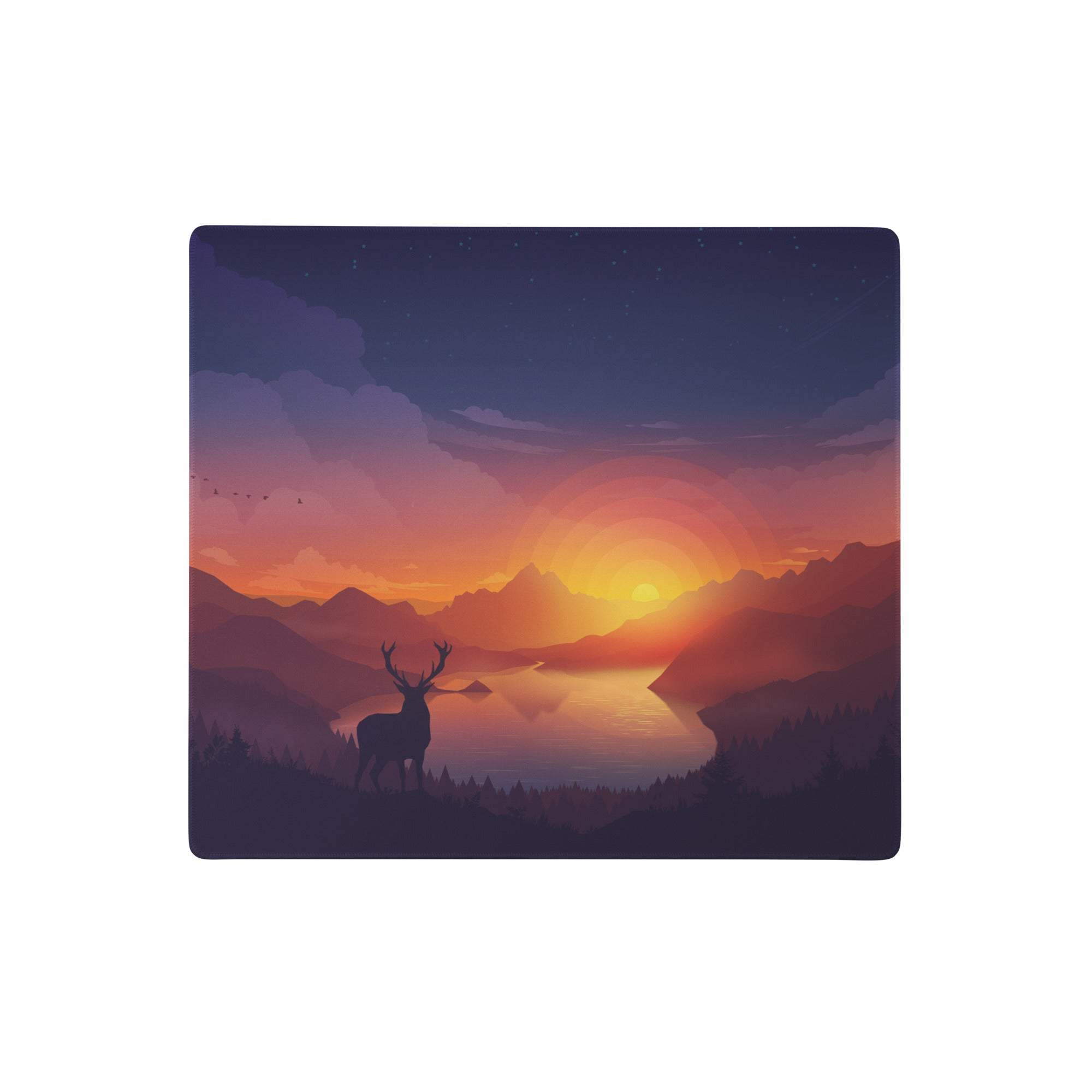 Square purple mountain gaming mouse pad with serene sunset landscape mountains water and silhouetted deer design