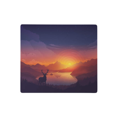 Square purple mountain gaming mouse pad with serene sunset landscape mountains water and silhouetted deer design