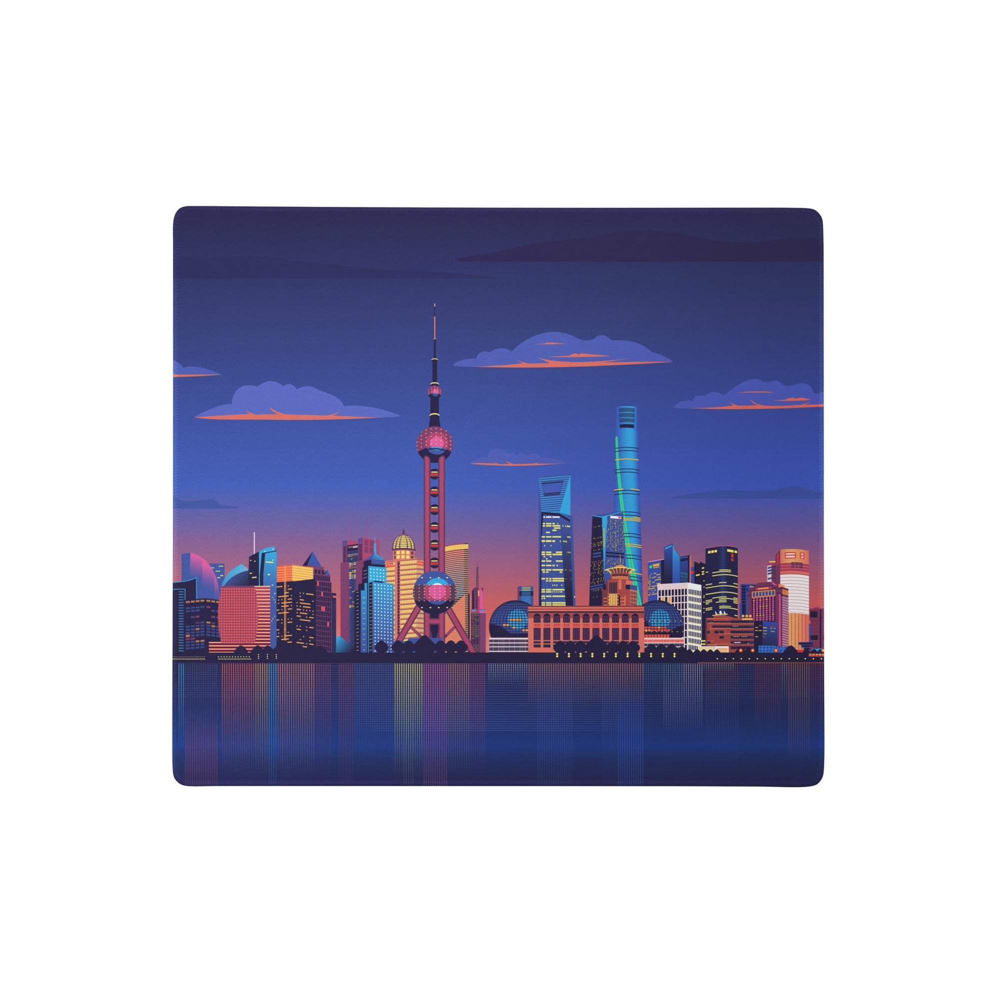 Stylized digital illustration of shanghai skyline at dusk on a midnight city skyline mouse pad with vibrant blue tones