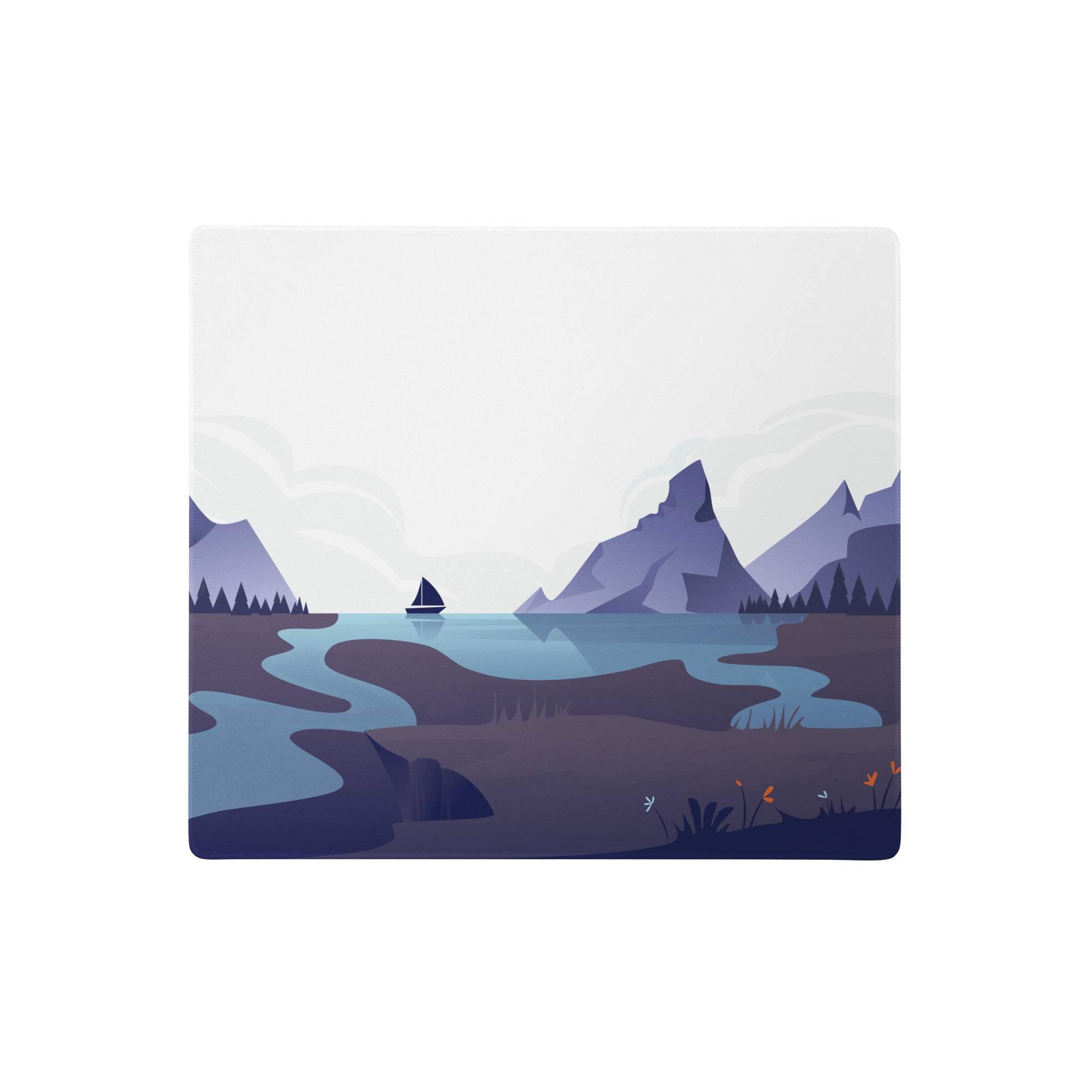 Square ceramic coaster with minimalist purple mountain and blue water landscape for mountain vista desk setup