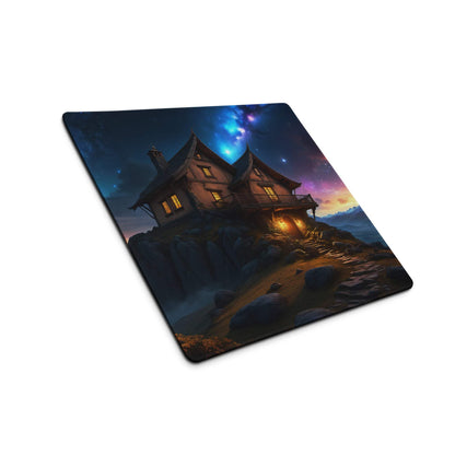 Epic fantasy gaming mouse pad with cozy cliff house under starry nebula sky