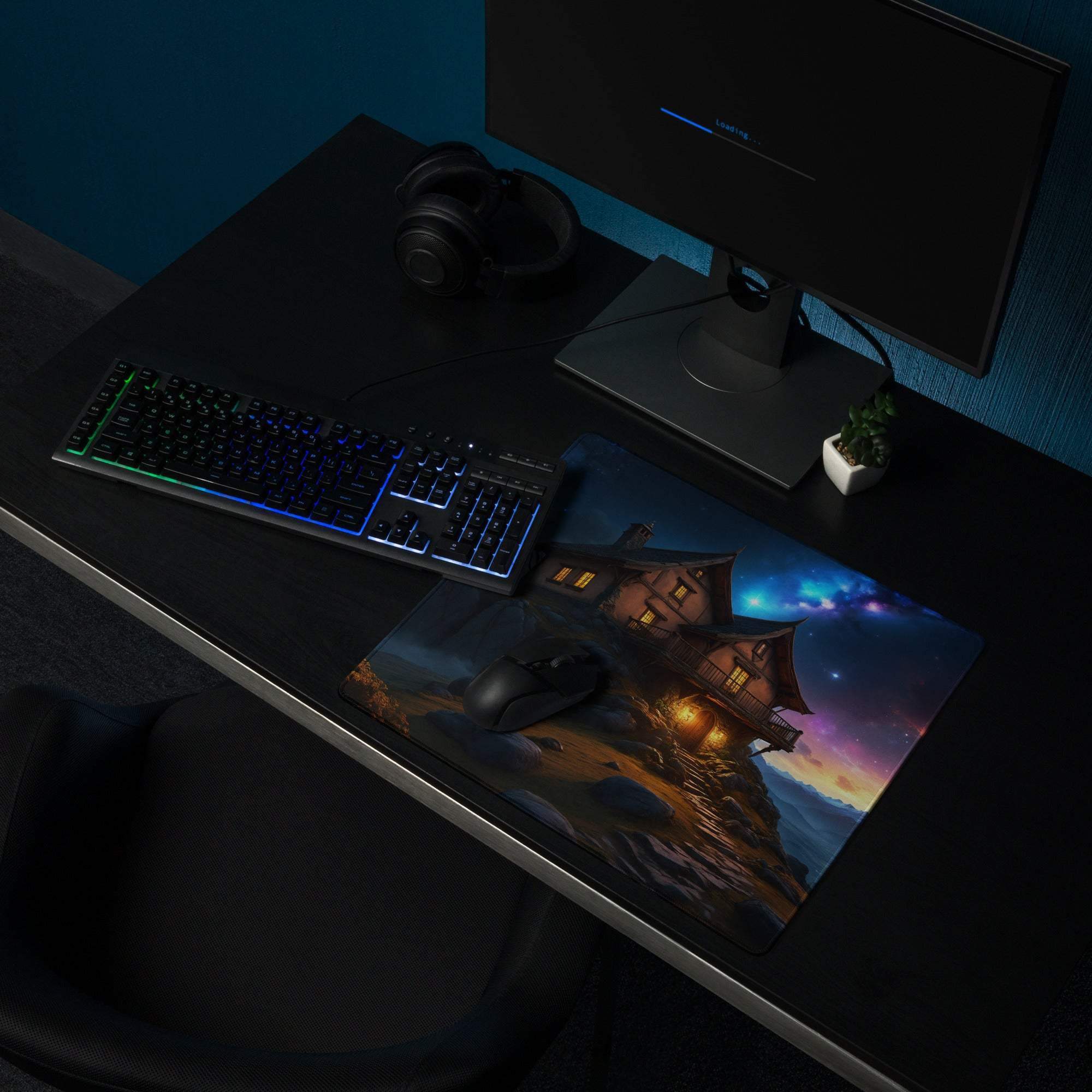 Epic fantasy gaming mousepad with cozy cliff house and starry nebula sky