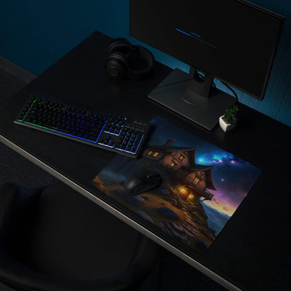 Epic fantasy gaming mousepad with cozy cliff house and starry nebula sky