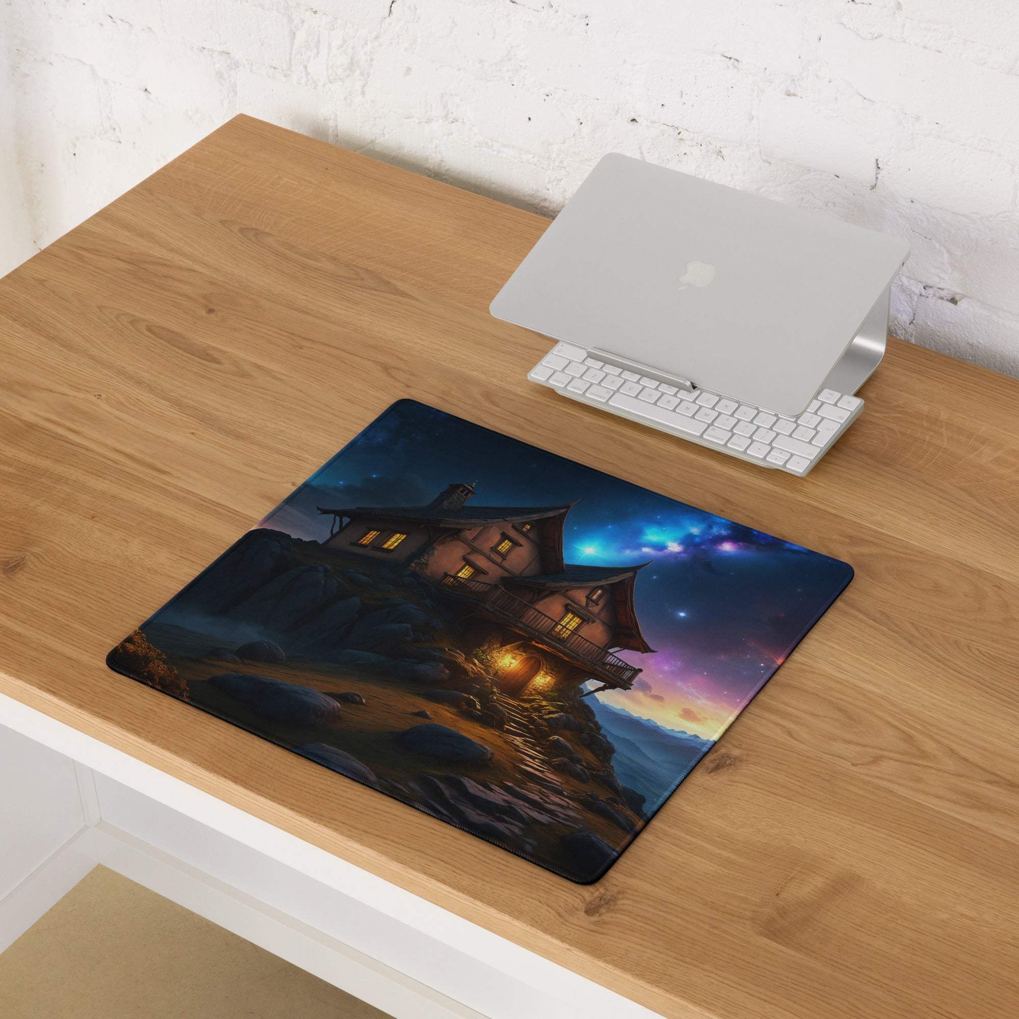 Epic fantasy gaming mouse pad with cozy cliff house and night sky nebulae