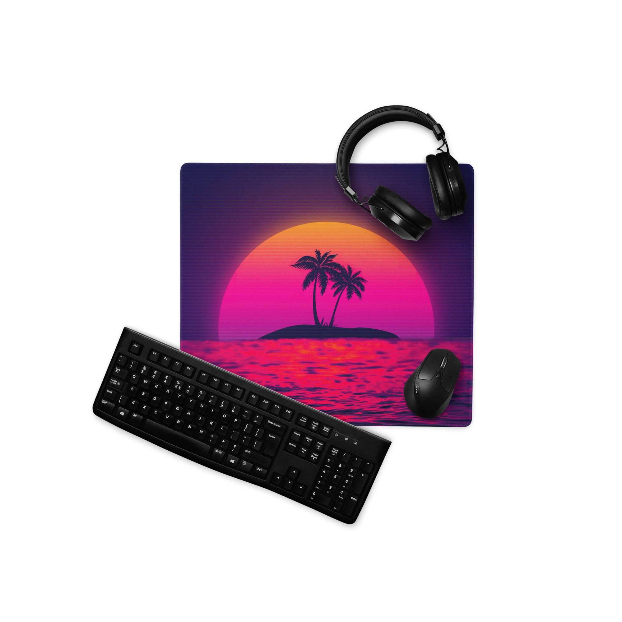 Vaporwave sunset gaming mouse pad with purple-pink gradient, palm trees, ocean, large size, non-slip backing